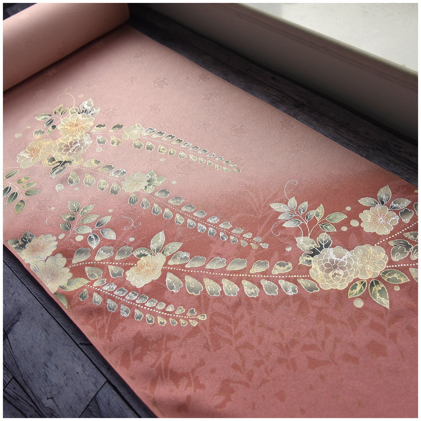 日本进口中古正绢粉色辻花紫藤描银付下反物整卷布料中式旗袍面料