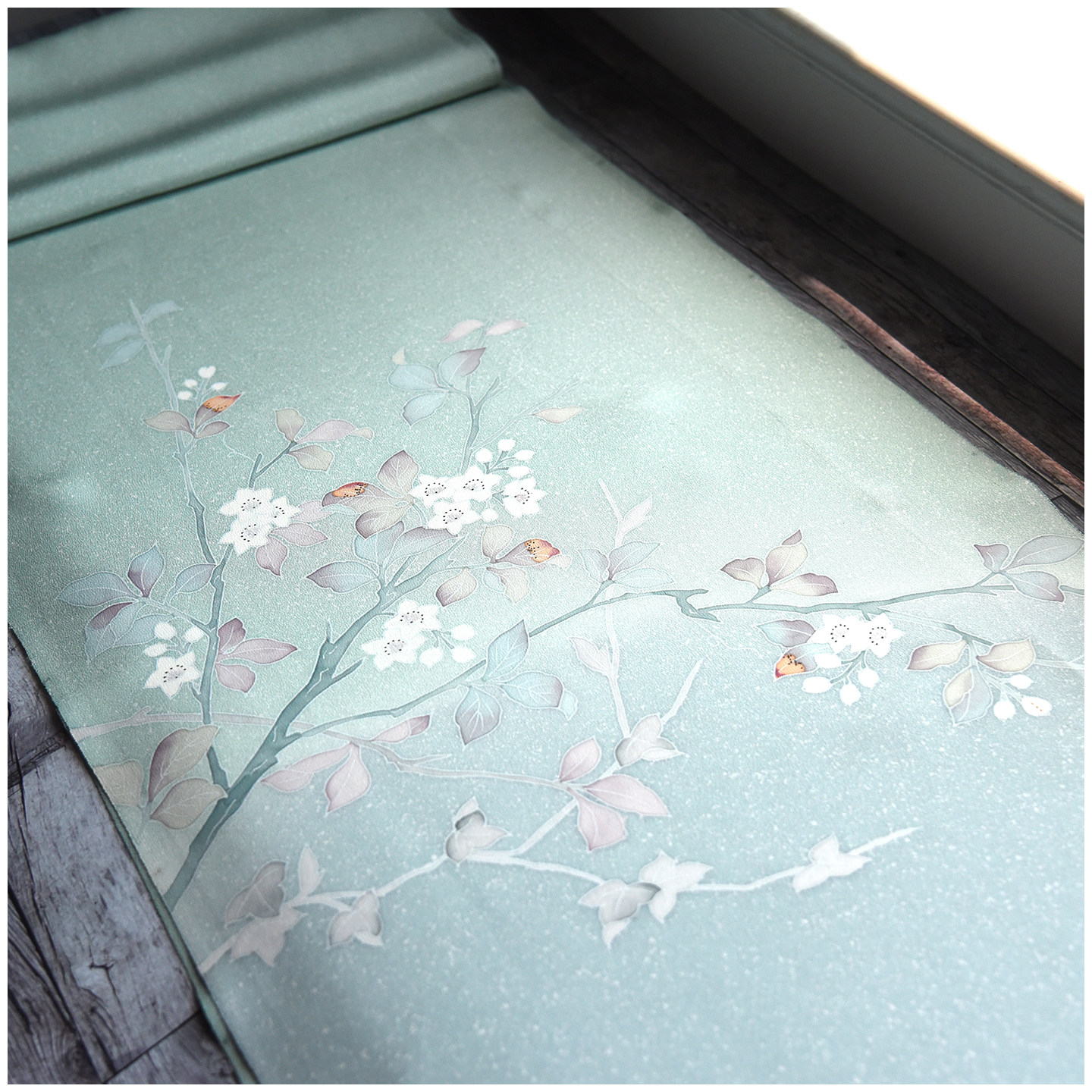 进口中古正绢真丝天青色芝麻糊花枝付下反解口金荷包零料旗袍汉服
