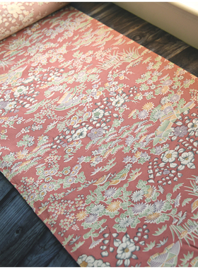 特进口中古正绢真丝豆沙红辻花房屋小纹反物口金荷包零料汉服旗袍