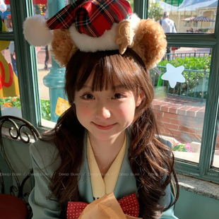 迪士尼圣诞帽子达菲熊发箍女2025新款秋冬毛绒可爱小熊头箍头饰