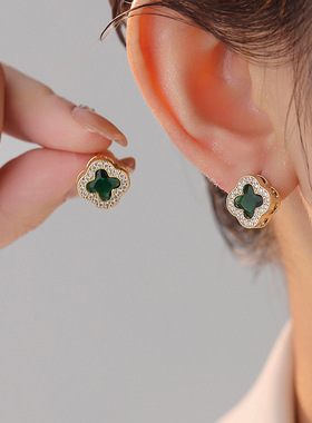 耳语象限银针微镶四叶花耳钉时尚轻奢高级感绿色锆石耳饰小香风