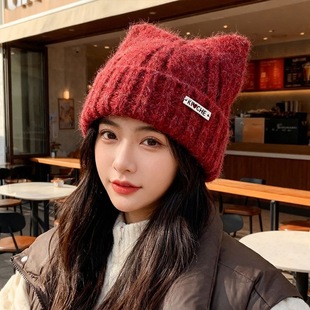 可爱猫耳朵针织毛线帽女冬季保暖护耳加厚保暖防寒红色帽子显脸小