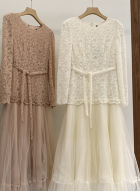 冬上新韩系温柔气质优雅修身显瘦鱼尾纱裙摆长款蕾丝绒连衣裙