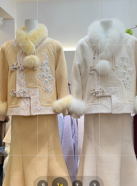 冬上新新中式羽绒服+鱼尾裙半身裙套装(配狐狸毛领,狐狸袖子毛)