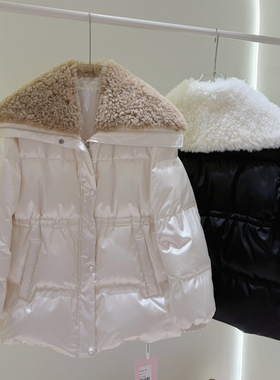 冬上新法式复古真羊毛翻领宽松中长保暖羽绒服外套