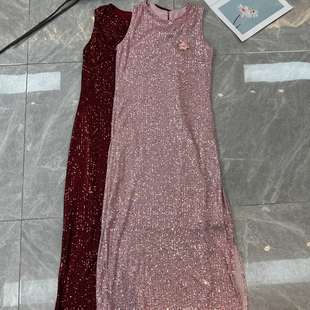 26年早春！爱特爱气质圆领修身红色重工亮片复古礼服背心连衣裙