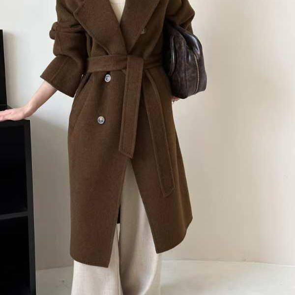 冬上新！宽松显瘦双排扣中长羊毛外套配腰绳（含30骆驼绒）