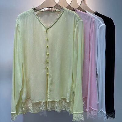 夏上新！新品V领蕾丝拼接气质百搭显瘦假两件上衣轻薄小衫