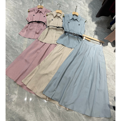 夏上新！法式无袖收腰上衣+半裙简约马甲A字裙两件套套装(配腰带)