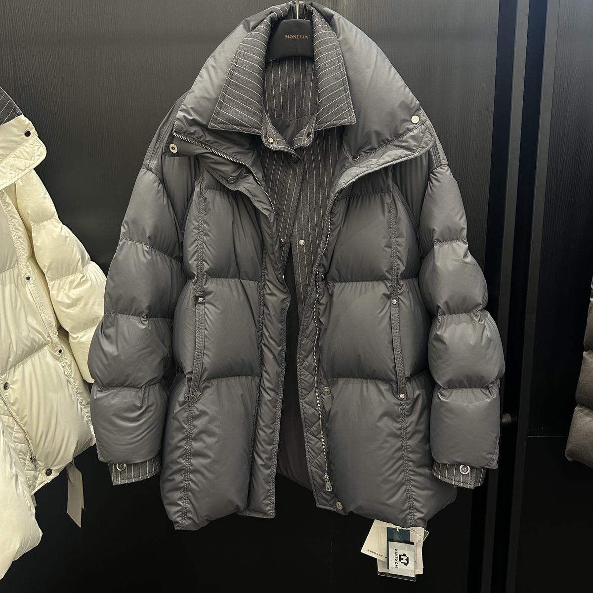 冬上新宽松衬衫领假两件保暖羽绒服外套