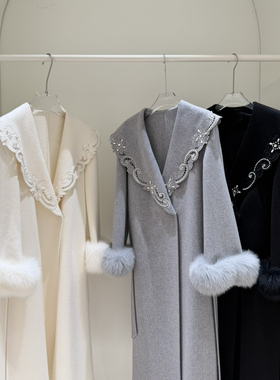 冬上新法式优雅大翻领毛边拼接羊毛外套（含10%羊绒）(90%羊毛)