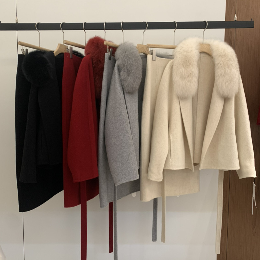 冬上新法式慵懒狐狸毛领羊毛外套+半身裙精致套装(含100%羊毛)