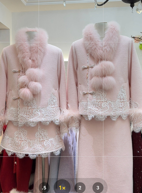 冬上新新中式国风闺蜜系列嫩粉色盘扣蕾丝边羽绒服+半身裙套装
