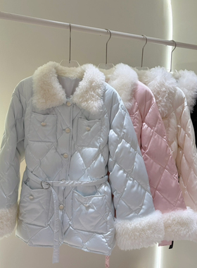 冬上新法式复古菱格绗缝真羊毛拼接中长保暖羽绒服外套(配腰带)