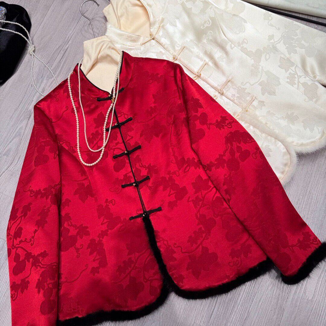 冬上新！桑蚕丝水貂毛提花国风保暖棉服外套