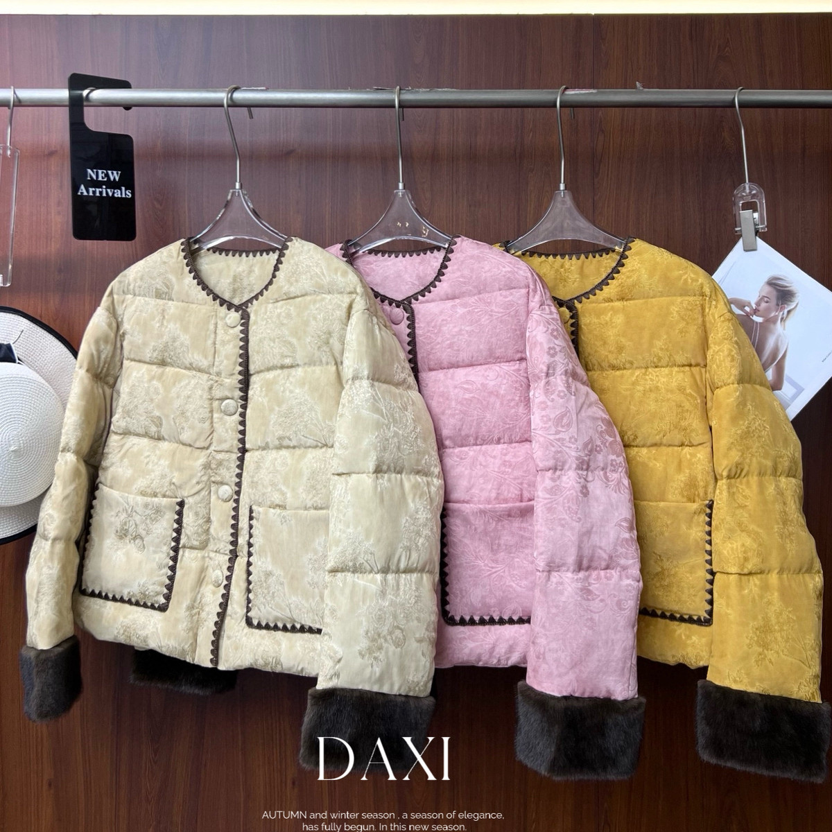 冬上新！优雅气质提花毛袖保暖羽绒服外套(仿毛不可拆)