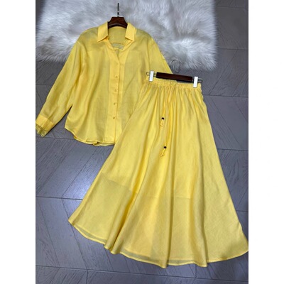 夏上新！高级松弛感设计感蕾丝花边拼接亚麻衬衫+半裙两件套装