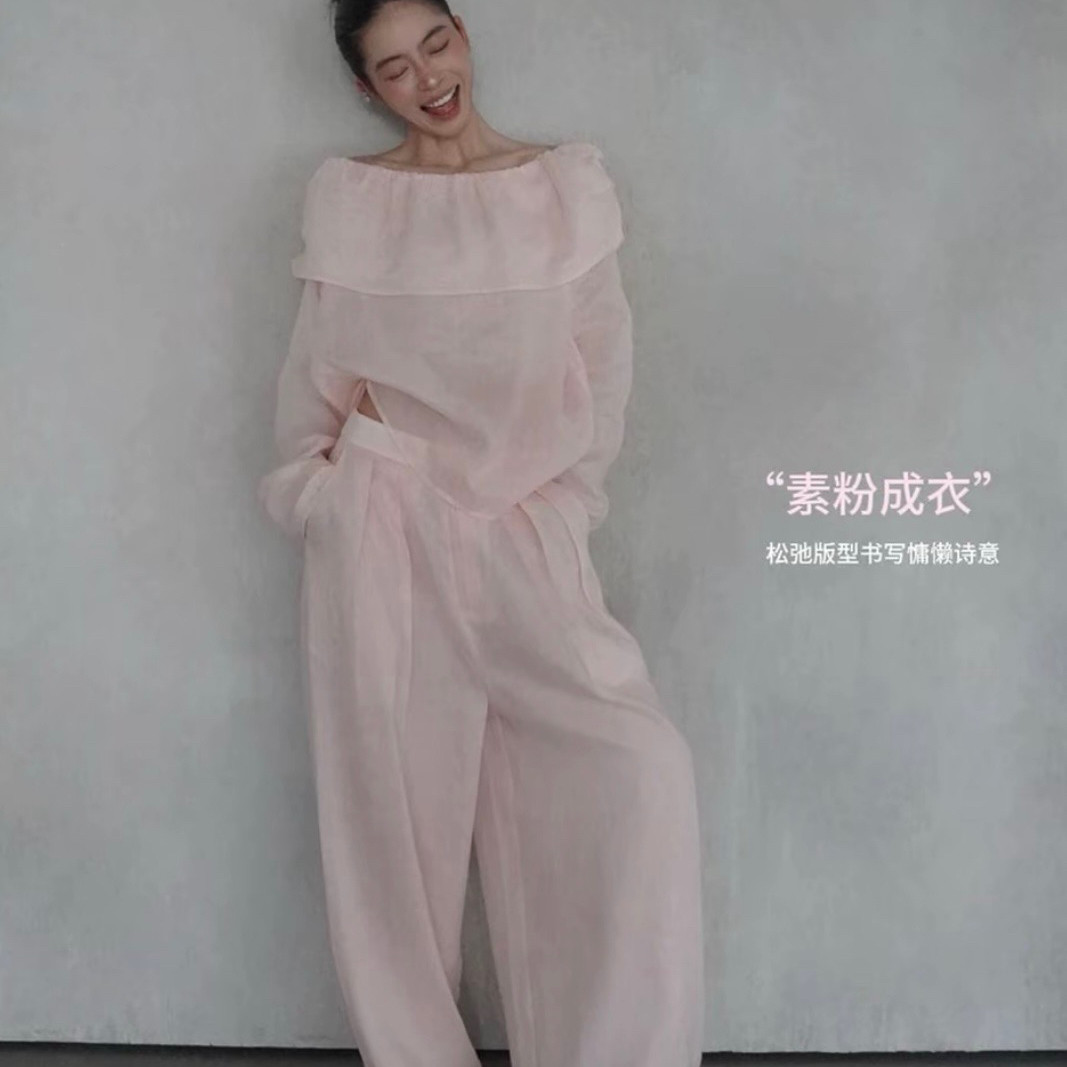 秋上新！松弛浪漫苎麻多领穿法荷叶边上衣+裤子两件套套装