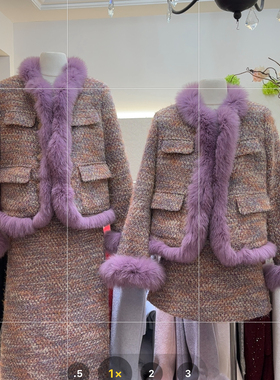 冬上新小香风粗花呢狐狸毛羽绒服+高腰半松紧长裙套装