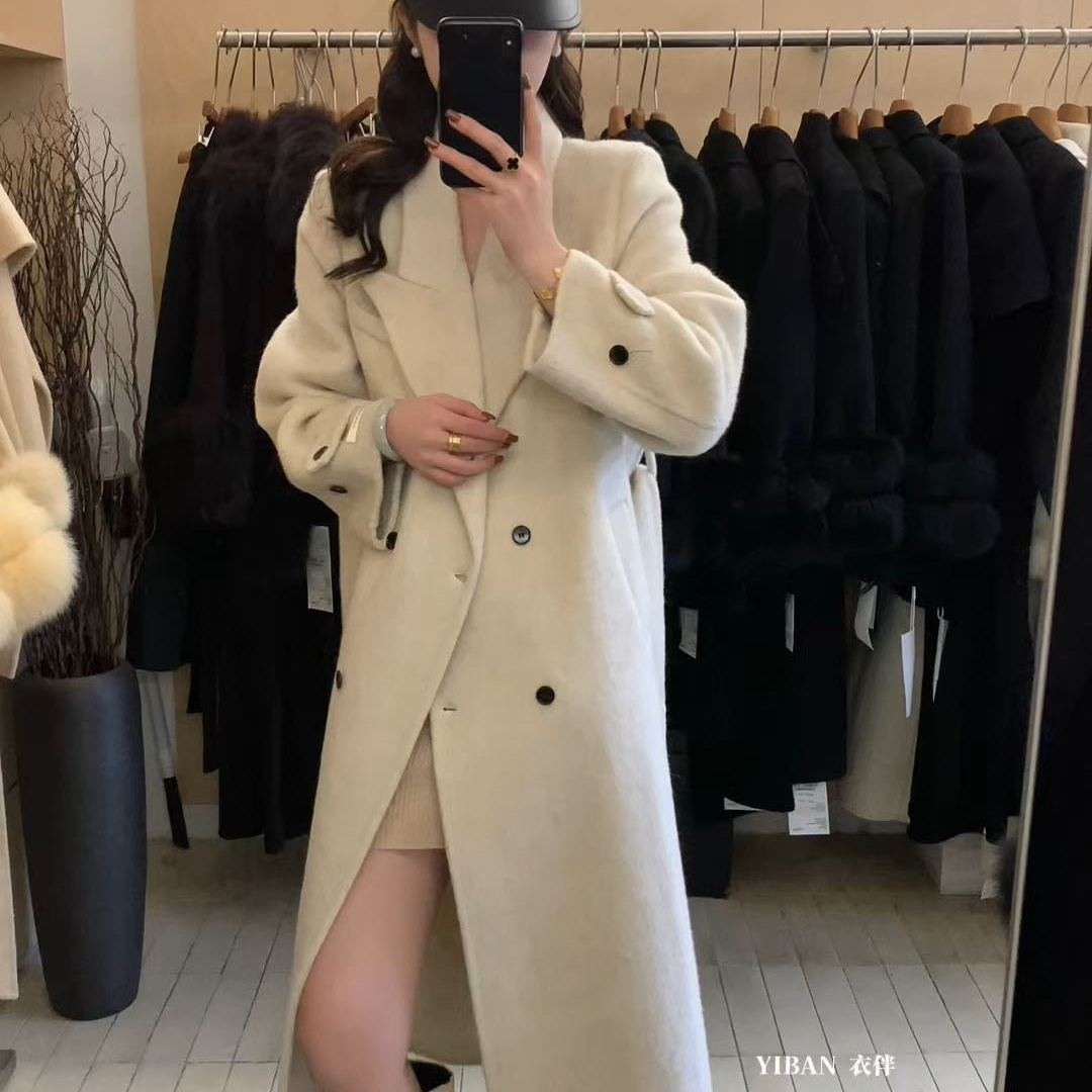 冬上新双排扣韩版极简西装领羊毛外套(配腰绳)（含70%羊毛）