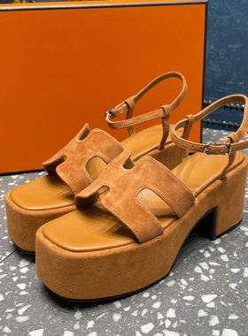 凉鞋女款2025新款厚底坡跟凉鞋女一字带H真皮时尚防水台高跟鞋夏