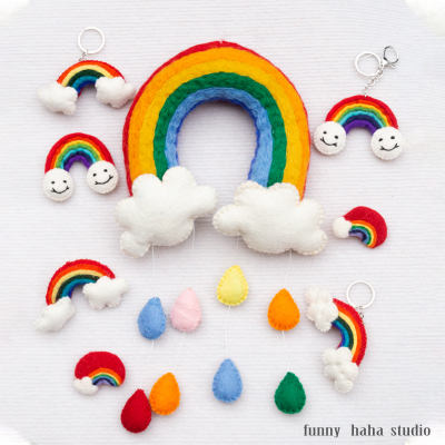 羊毛毡成品彩虹云朵钥匙扣挂件