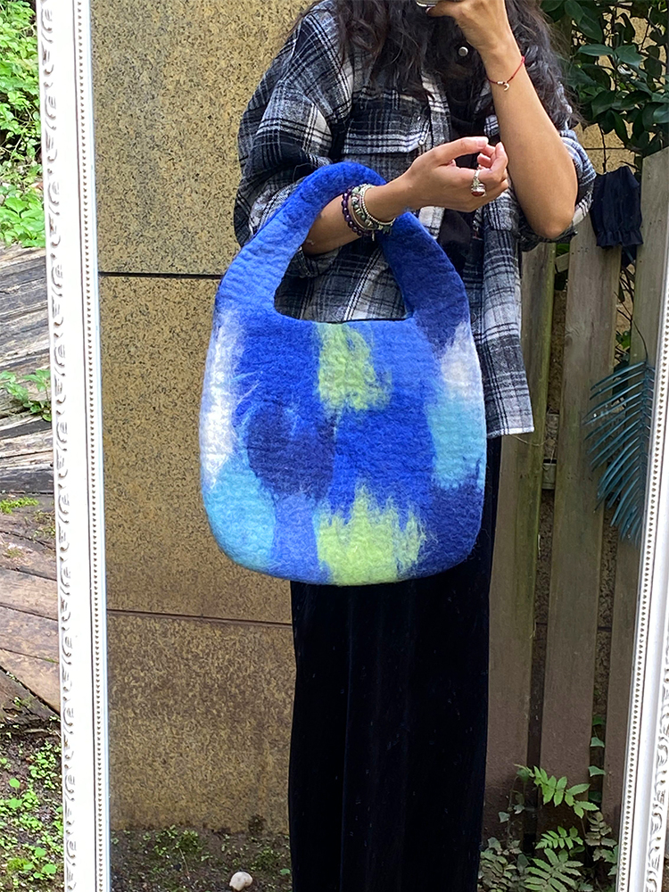 手工羊毛毡大地撞色手提包文艺范