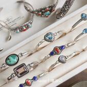 尼泊尔精工纯银s925天然紫水晶托帕石手链绿松石手镯复古宫廷文艺