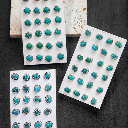 镶嵌天然绿松石耳钉925银男女