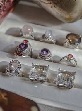 手工handmade纯银s925夸张天然白水晶戒指环镶嵌紫水晶小众设计