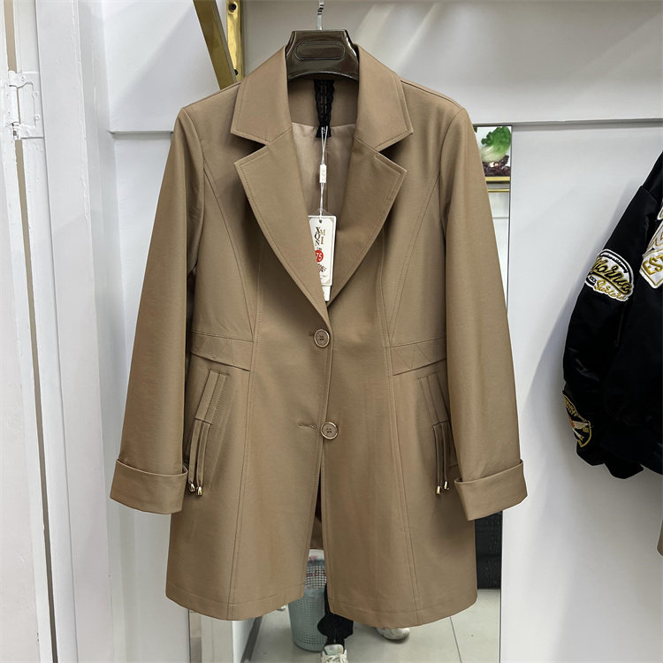 西服领中长修身显瘦纯色风衣外套