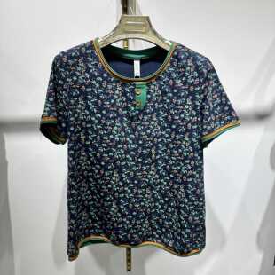 短袖 夏季 T恤中年妈妈宽松休闲上衣女 新款 6831中老年洋气碎花小衫