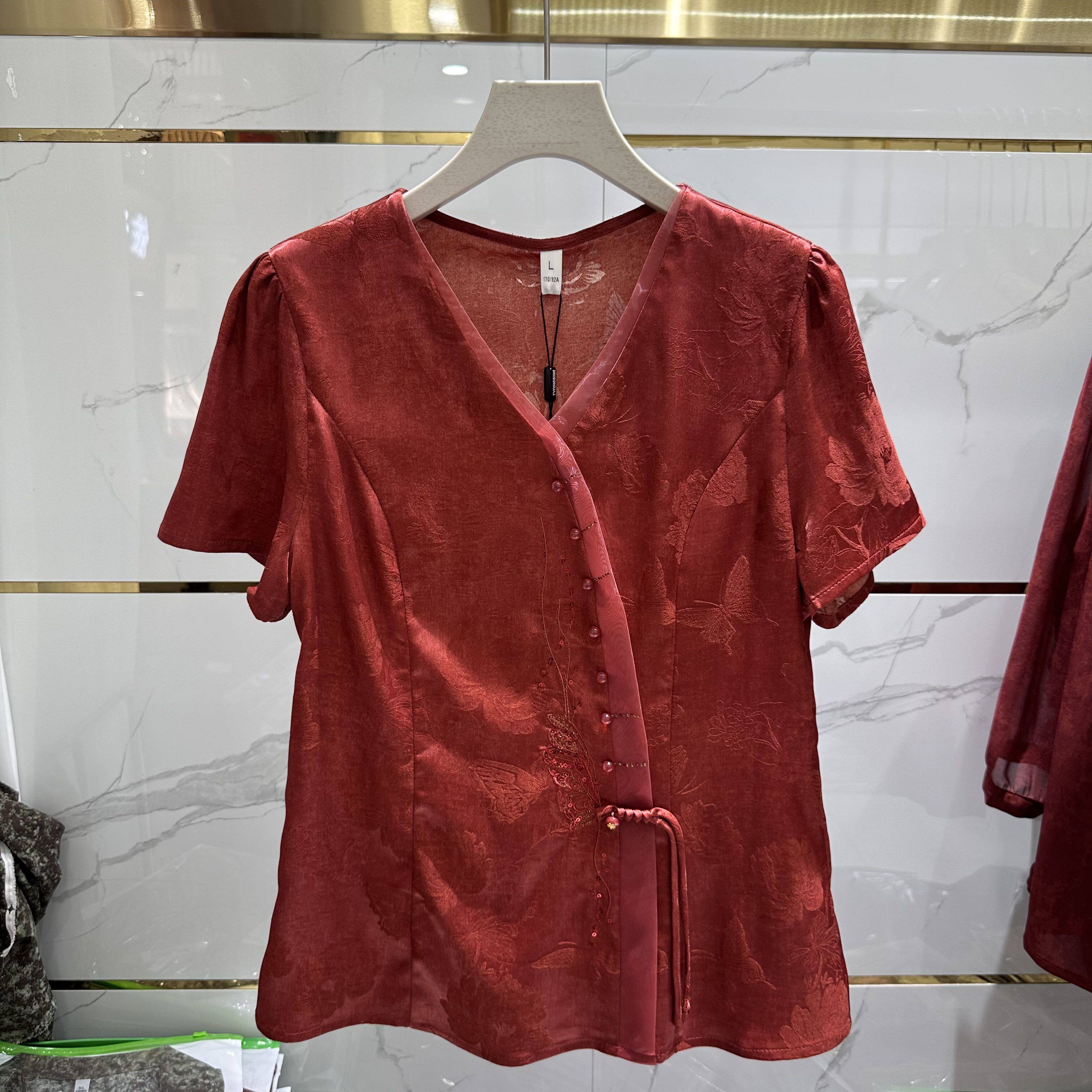 26-56专柜正品新款夏季女装时尚V领短袖套头妈妈装打底中式上衣56