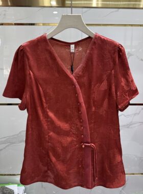 26-56专柜正品新款夏季女装时尚V领短袖套头妈妈装打底中式上衣56