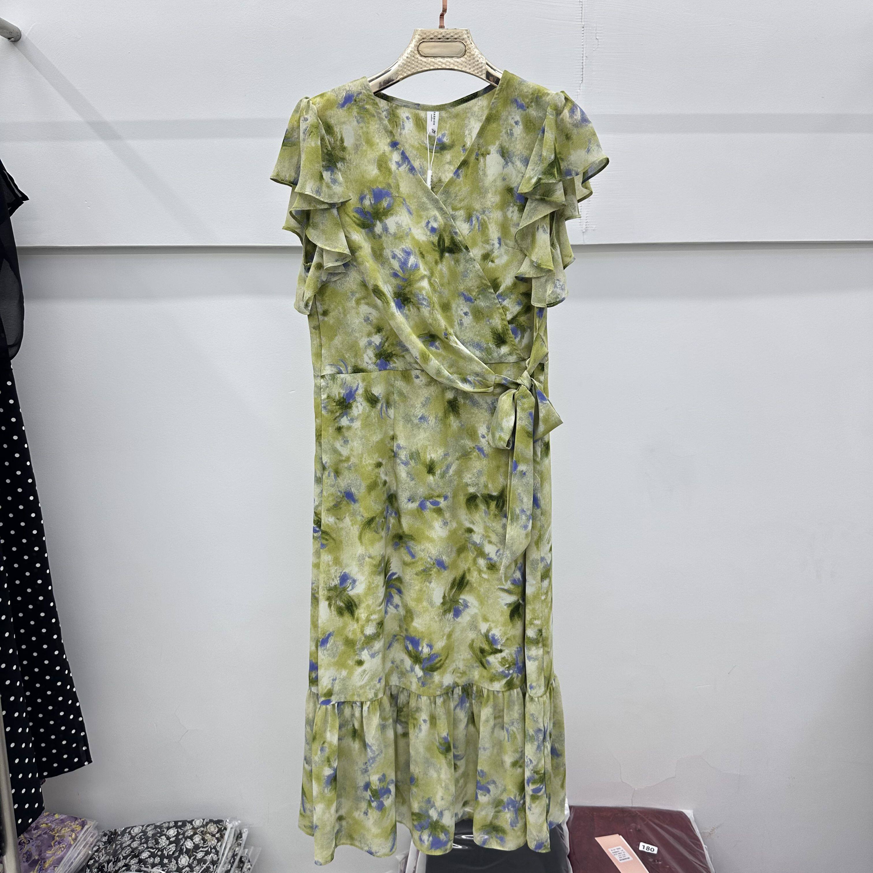408专柜正品新款夏季女装时尚短袖套头V领中长妈妈装雪纺连衣裙08