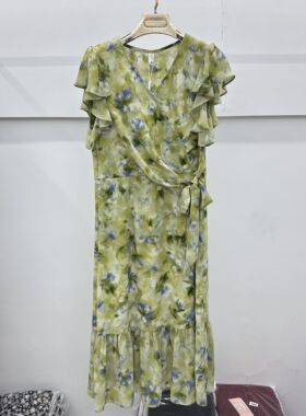 408专柜正品新款夏季女装时尚短袖套头V领中长妈妈装雪纺连衣裙AA