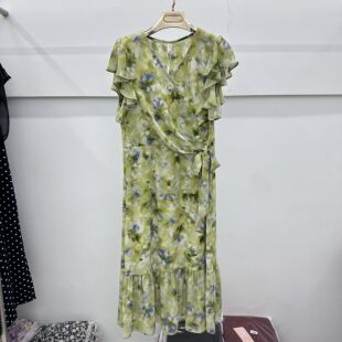 408专柜正品新款夏季女装时尚短袖套头V领中长妈妈装雪纺连衣裙08