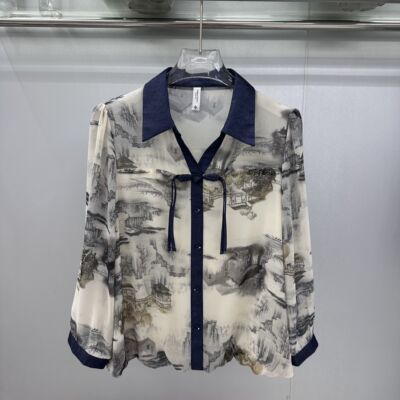 专柜正品2025新款春夏季女装时尚翻领长袖大码妈妈装打底雪纺衫女