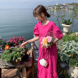 法式火龙果色泡泡袖连衣裙女夏2025新款温柔风绝美宽松初恋系长裙，女装连衣裙，浙宝266