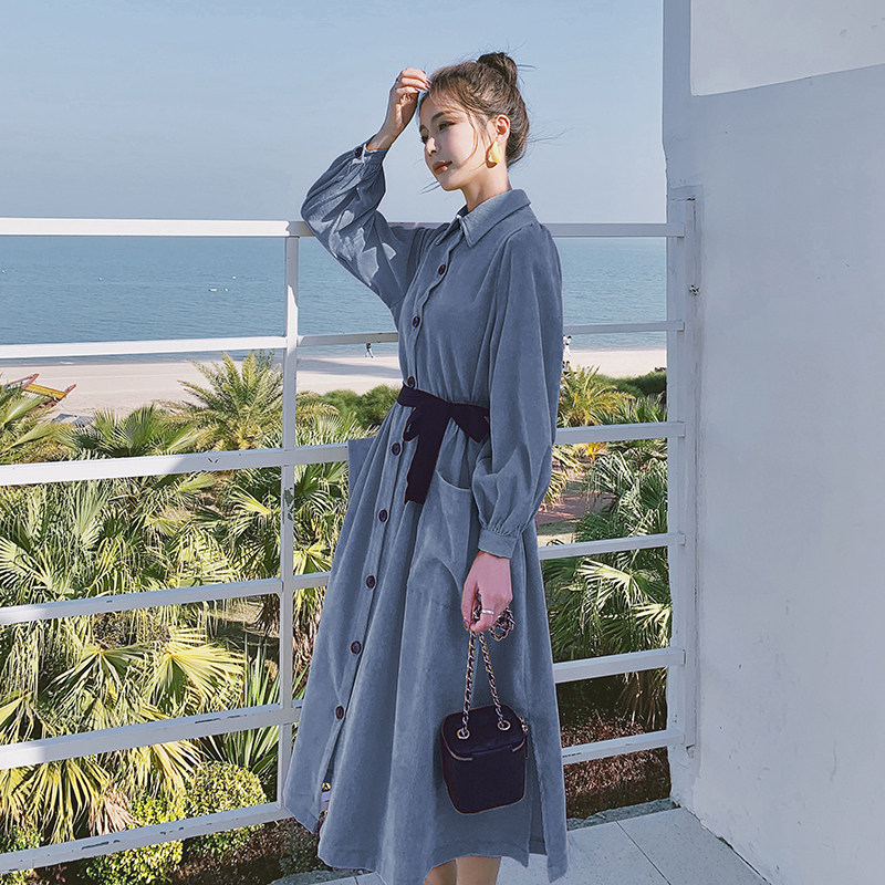 大货已出两穿可领带可腰带两色灯芯绒连衣裙266-6606-P100K158，女装连衣裙，浙宝266