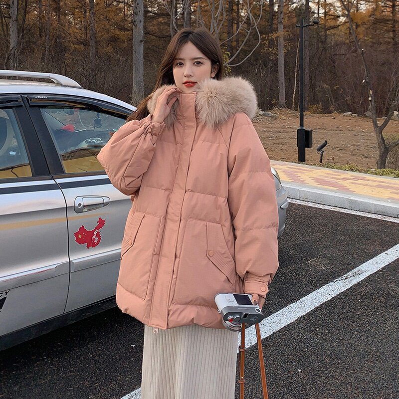 粉色连帽大毛领短款羽绒服女2023冬季新款韩系小个子加厚保暖外套,女装羽绒服,浙宝266