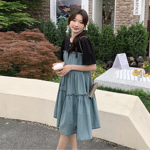 高级感复古假两件薄款牛仔连衣裙女夏2025超火好看慵懒松弛感长裙图片