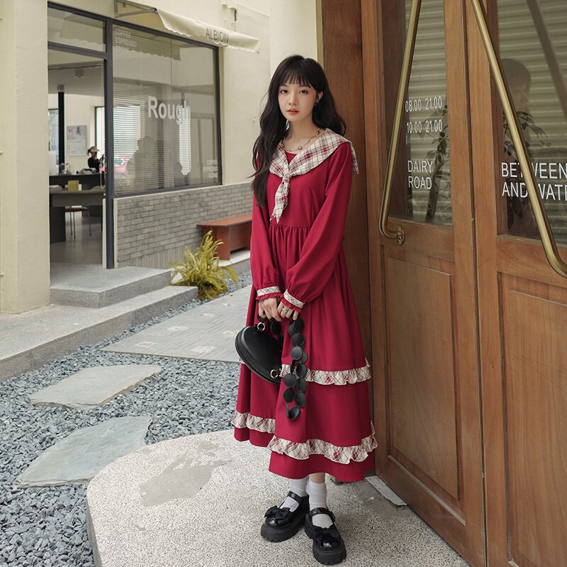 大货已出2022两色格子撞色拼接海军领连衣裙266-2263,女装连衣裙,浙宝266