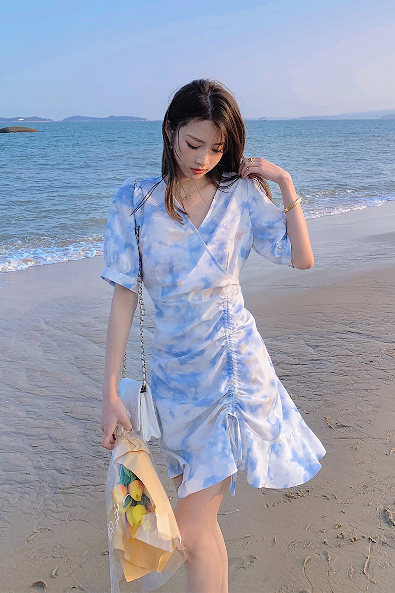 大货出2021红扎染油画抽绳抽皱连衣裙266-6662-P85K138,女装连衣裙,浙宝266