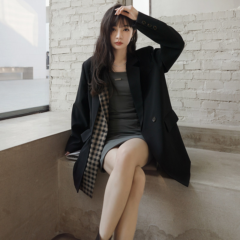 2025春秋新款韩版小个子设计感西服假两件格纹拼接西装外套女ins，女装西装，浙宝266