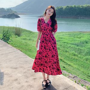 27号出货 主推 玫瑰干枯粉收腰碎花连衣裙266-2338-P105K158,女装连衣裙,浙宝266