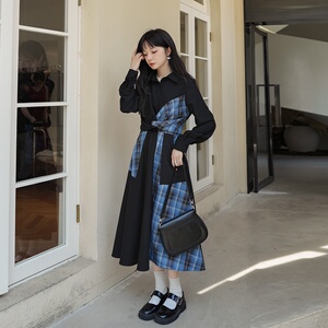 设计感小众不规则法式长袖连衣裙女春秋新款显瘦束腰格子大摆长裙图片