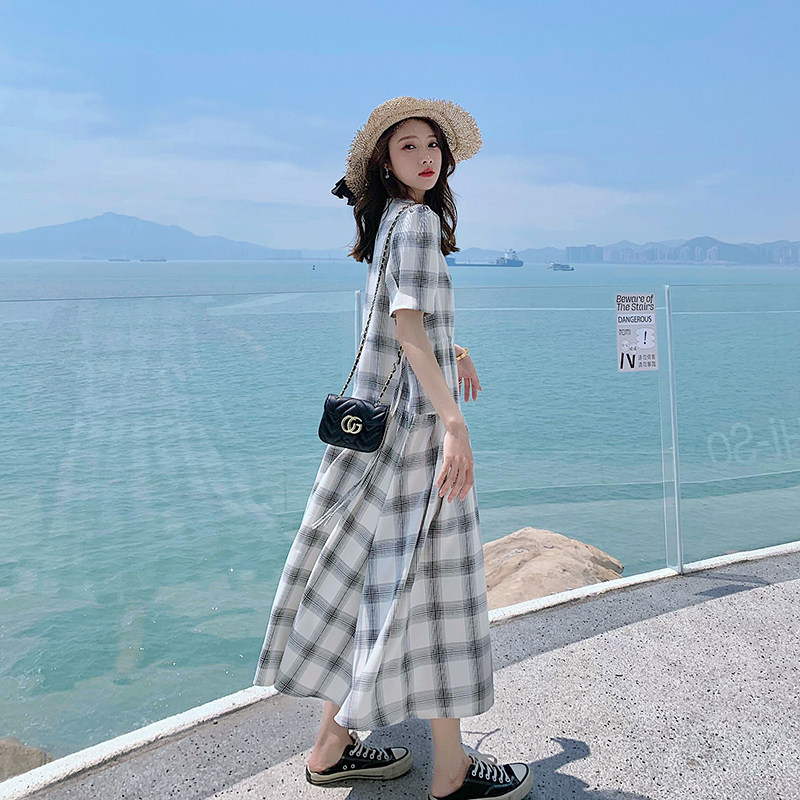大货出2021新款黑白格抽绳收腰连衣裙266-6663-P85K138,女装连衣裙,浙宝266