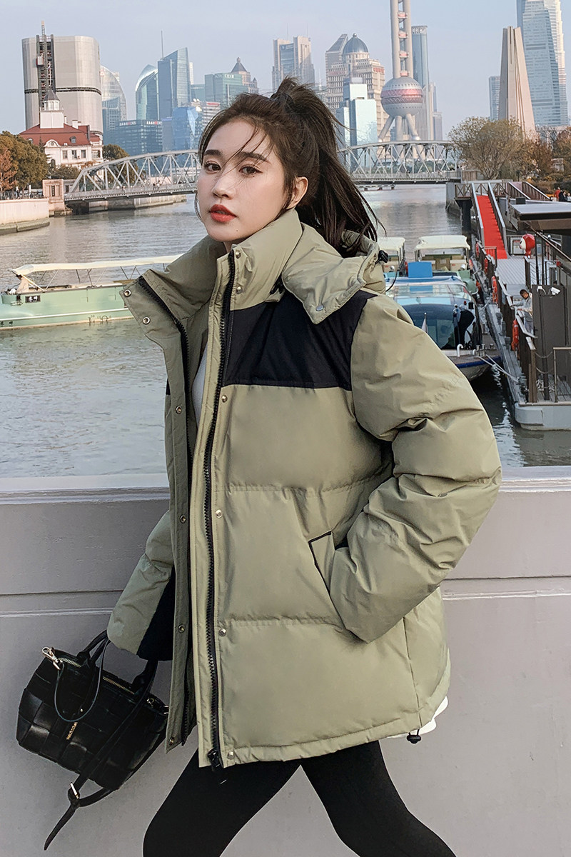 大货已出黑绿撞色拼接连帽羽绒服90绒266-3008-P265K398,女装羽绒服,浙宝266