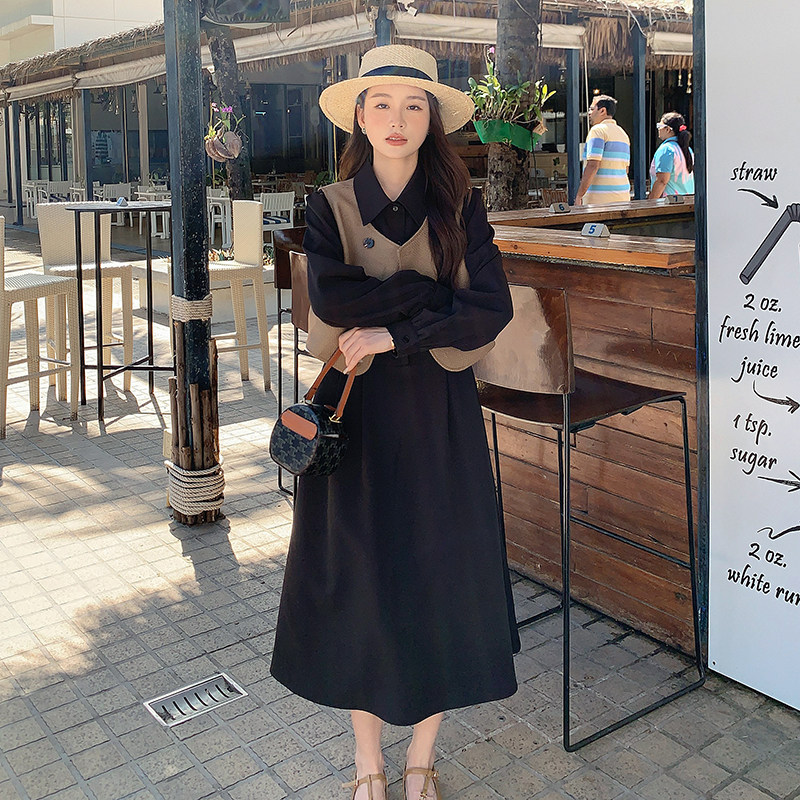 气质高级感穿搭马甲配黑色衬衫连衣裙女春秋2025新款轻熟长裙套装,女装连衣裙,浙宝266